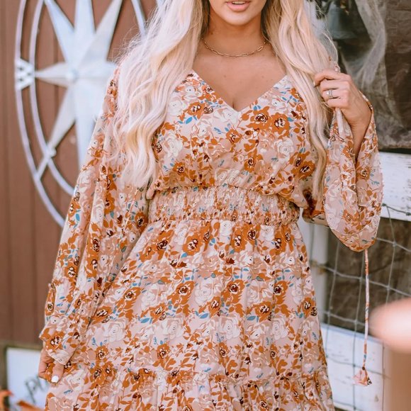 Orange Floral Smocked Waist Dress - Picture 2 of 11